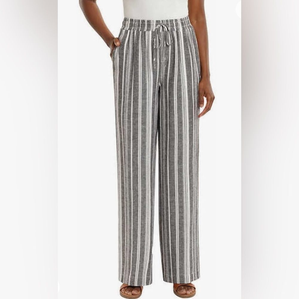 Briggs NY High Waisted Linen Wide Leg Pants Gray & White‎ Striped Women’s Large